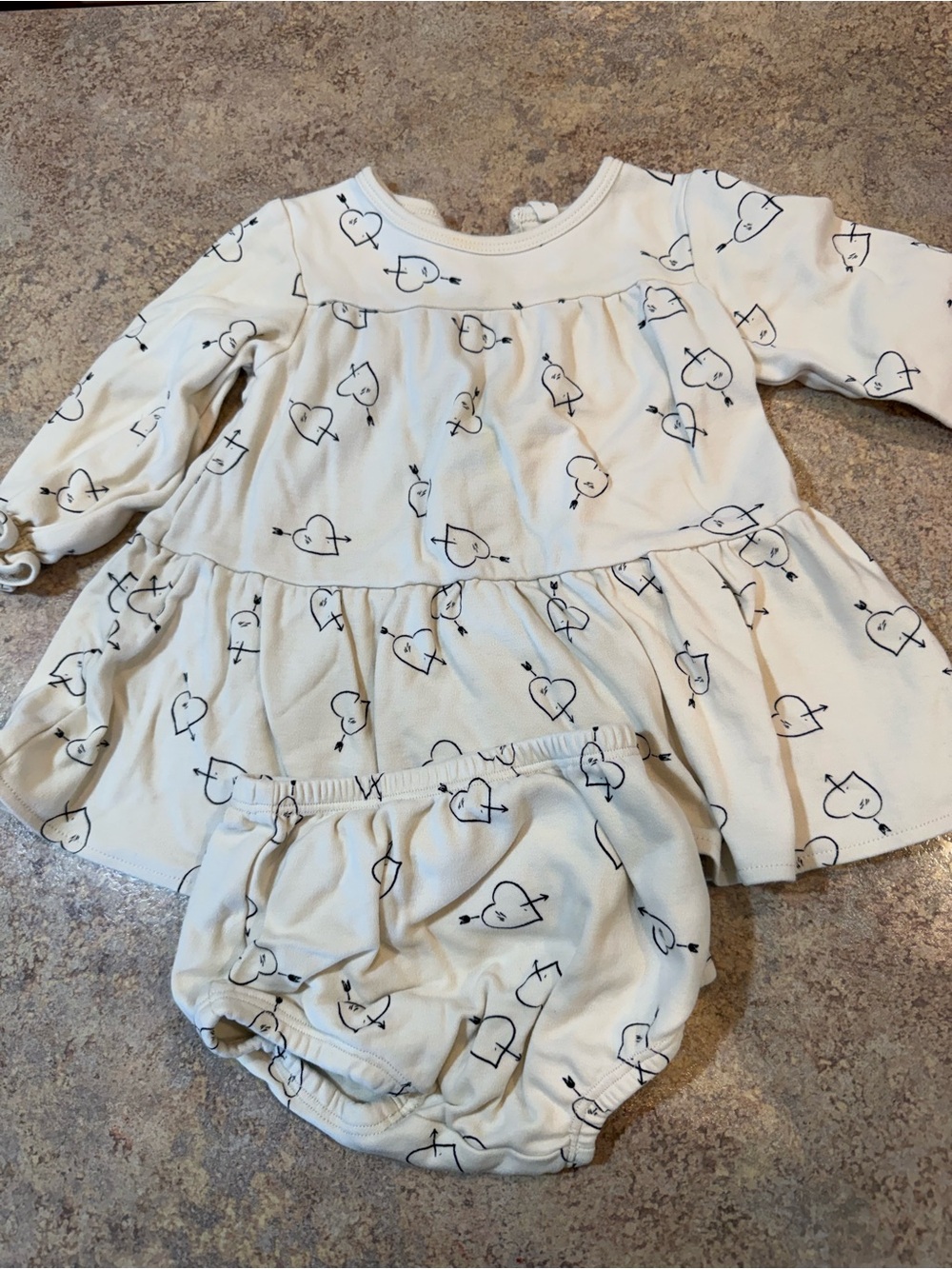 Quincy Mae Cream Dress and Bloomers with Black Heart Bird Print